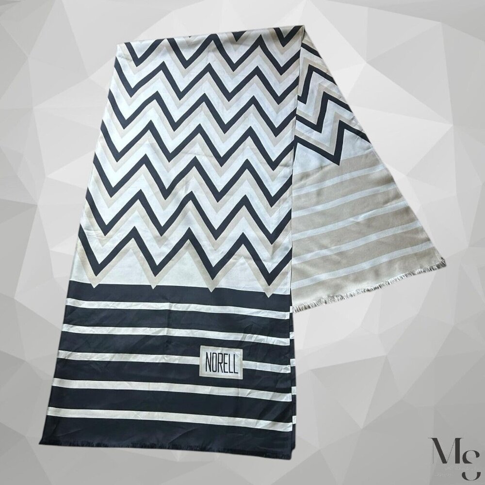 NORELL Black & White Zigzag Rectangle Silk Scarf Fringe Edge 72’’- 36’’ EX COND